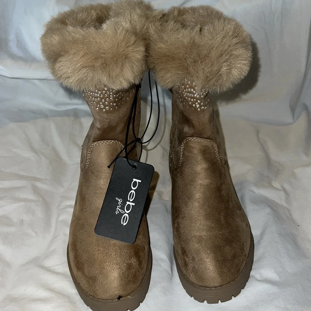 BEBE GIRLS FAUX FUR Fashion BOOTS TAN BROWN SHOES 1 NEW Rhinstones Cowgirl Bling